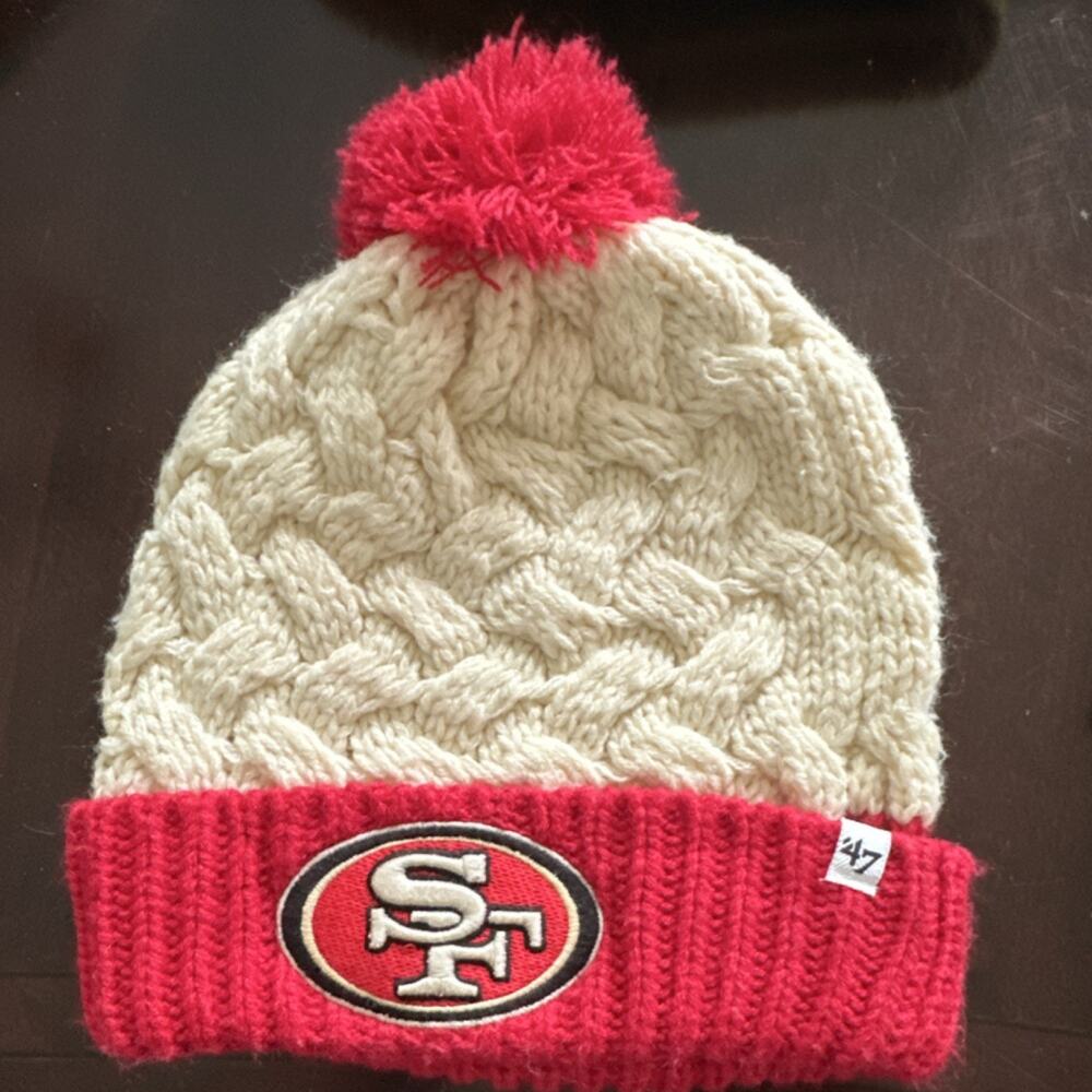 '47 San Francisco 49ers Football Knit Pom Beanie Hat NFL Cream Red